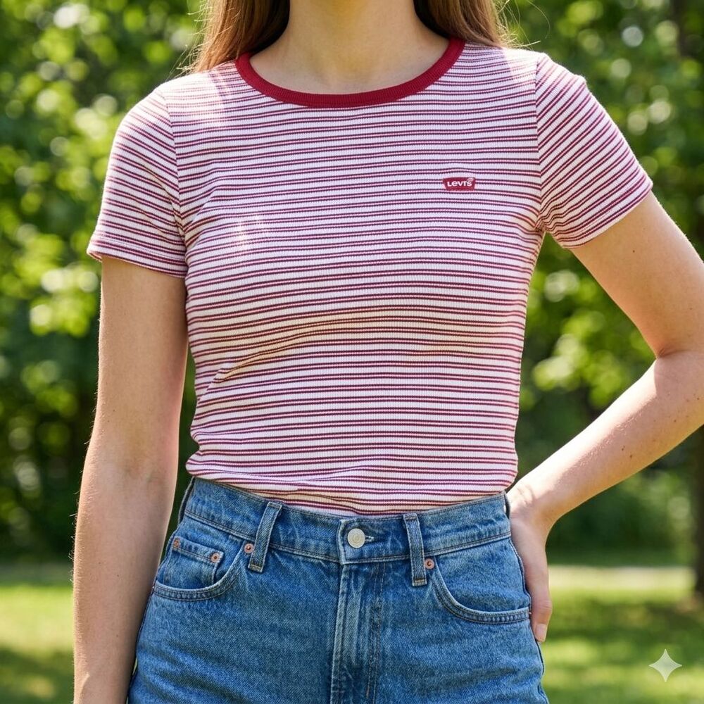 Levis The Perfect Tee Shirt Striped Ringer Short Sleeve Womens size XS Red